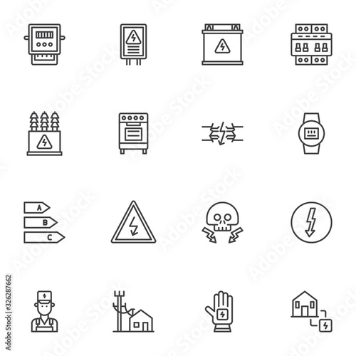 Electricity supplies line icons set. linear style symbols collection, outline signs pack. vector graphics. Set includes icons as electric transformer, high voltage sign, electrician man, energy saving