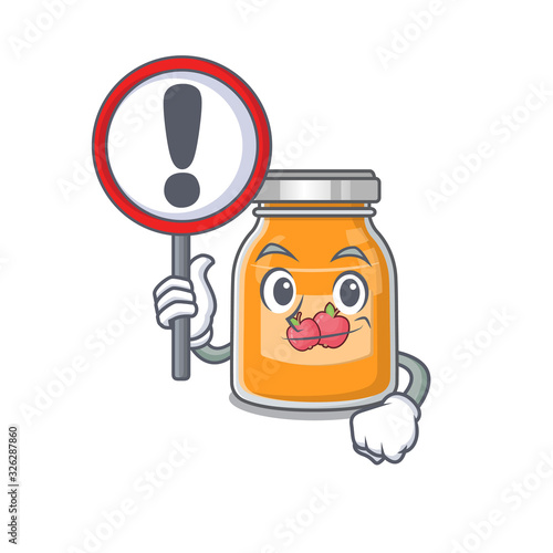 cute mascot character style of apple jam raised up a sign