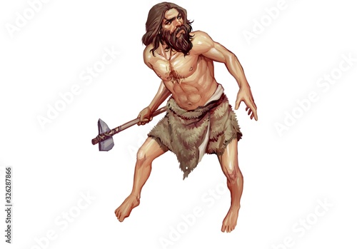 Full Color Realistic Illustration of Neanderthal Holding Stone Axe photo