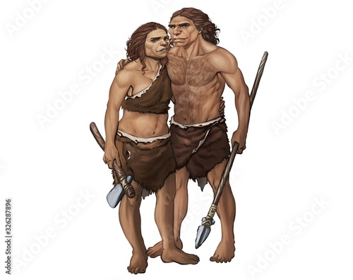 Full Color Illustration of Neanderthal Couple Wearing Animal Skin Clothes and Holding Stone Age Hunting Tools