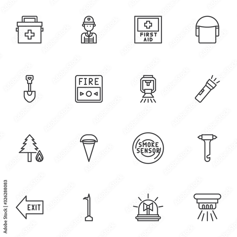 Safety instructions line icons set. linear style symbols collection, Emergency outline signs pack. vector graphics. Set includes icons as smoke sensor, medical bag, exit direction, fire button, water Safety instructions line icons set. linear style symbols collection, Emergency outline signs pack. vector graphics. Set includes icons as smoke sensor, medical bag, exit direction, fire button, water