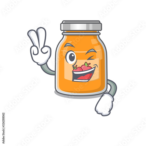 mascot of funny apple jam cartoon Character with two fingers