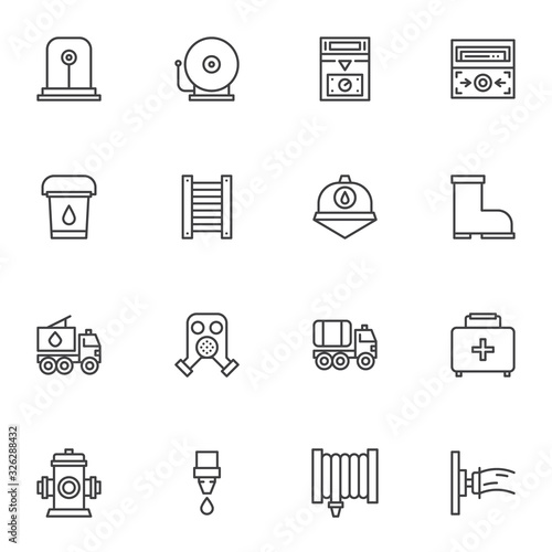 Fire Fighting line icons set. linear style symbols collection, Emergency kit outline signs pack. vector graphics. Set includes icons as alarm siren, gas mask, respirator, first aid kit, fire hydrant