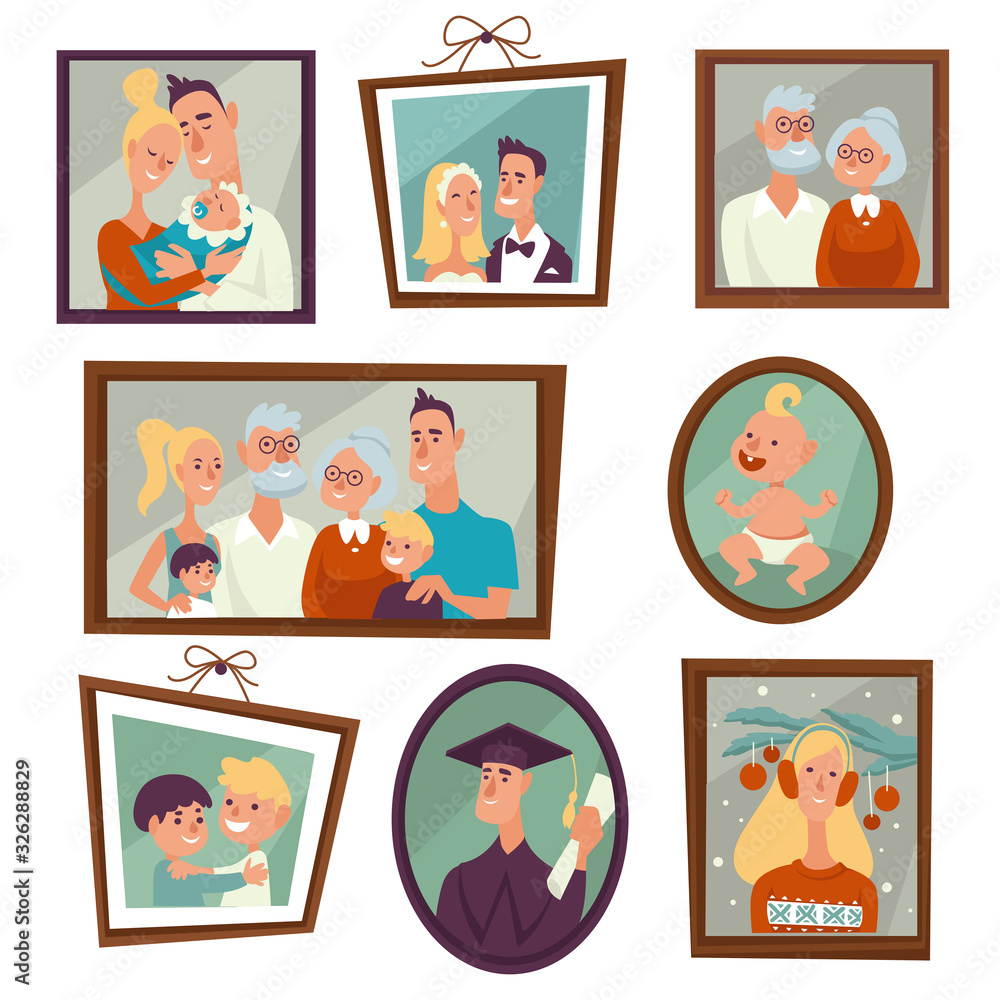 Family portrait and photos in frames on wall isolated icon Family portrait and photos in frames on wall isolated icon