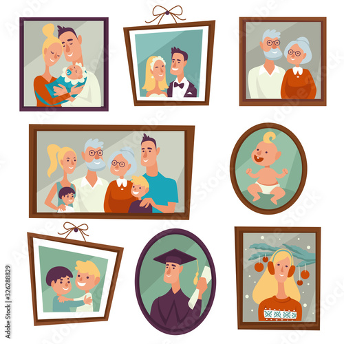 Family portrait and photos in frames on wall isolated icon