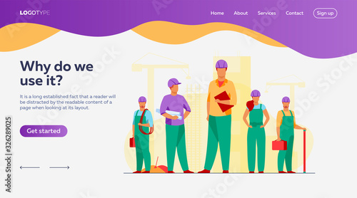 Construction team working on site. Builders, engineers, architects in helmets and overalls holding blueprints, toolkits, measuring tools. Vector illustration for building, engineering, labor