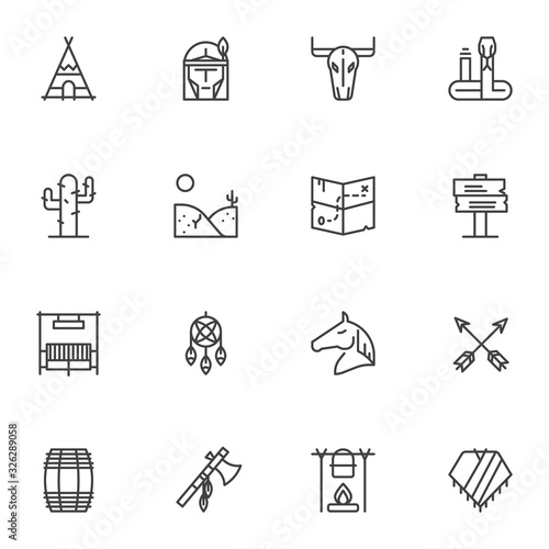 Native American Line icons set. linear style symbols collection, Wild west outline signs pack. vector graphics. Set includes icons as western cowboy, treasure map, horse, dream catcher, desert cactus