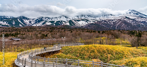 Shiretoko Goko Five Lakes in Shiretoko National Park. Rolling mountain range and wetland in high latitude country springtime. Tourists can walk on the elevated wooden boardwalk. Shari, Hokkaido, Japan