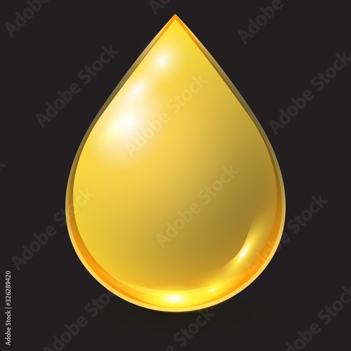 Vector golden oil drop isolated on black background. 3D realistic illustration. Template for petrochemical or olive advertising.