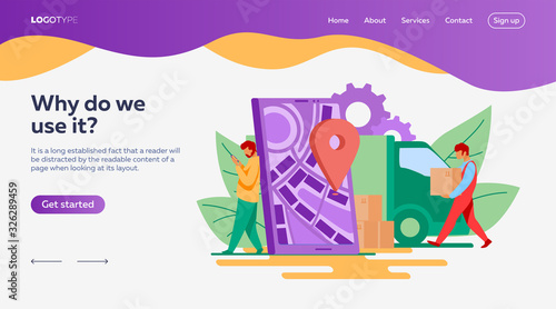Delivery man and recipient who leaning on smartphone with pin. Door to door delivery by courier flat vector illustration. Delivery service concept for banner, website design or landing web page