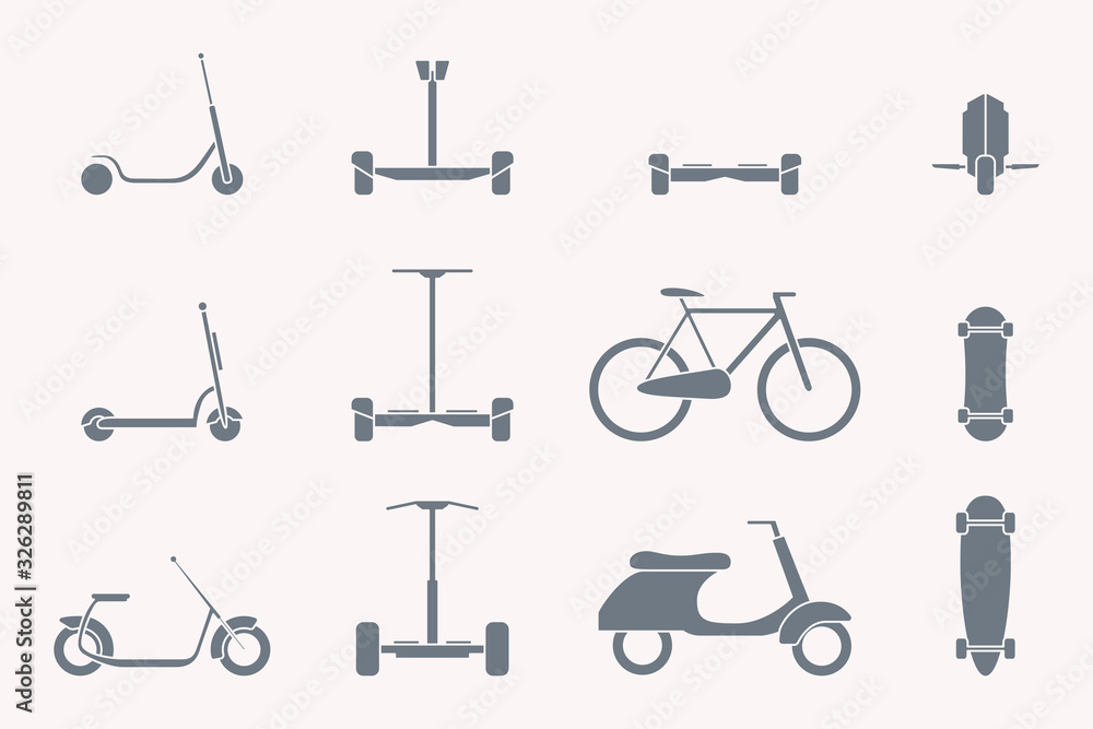 Eco-friendly transport Icons set - Vector silhouettes of scooter, monowheel, hoverboard, bicycle and skateboard for the site or interface Eco-friendly transport Icons set - Vector silhouettes of scooter, monowheel, hoverboard, bicycle and skateboard for the site or interface