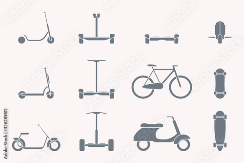 Eco-friendly transport Icons set - Vector silhouettes of scooter, monowheel, hoverboard, bicycle and skateboard for the site or interface