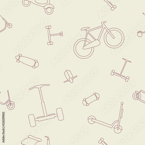 Eco-friendly transport background - Vector seamless pattern of scooter, monowheel, hoverboard, bicycle and skateboard for graphic design