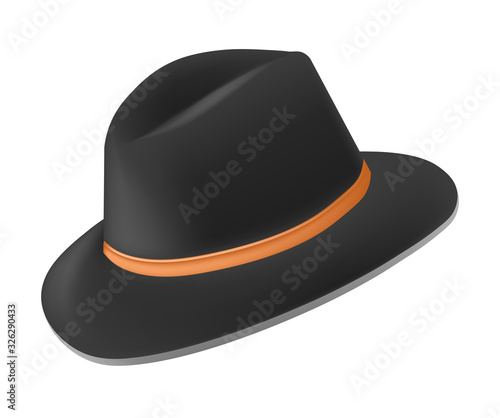 Black fedora hat with tan leather band side view