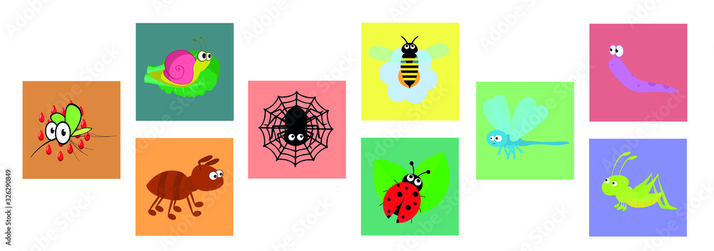 Set of insect icons. Kawaii. Flat design. Vector