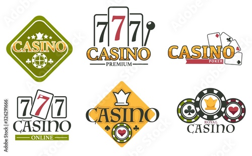 Casino logos with lucky seven on slot machine and roulette