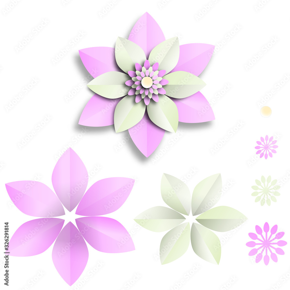 Flowers paper cut and composition isolated on white background of pastel color ,vector or illustration Flowers paper cut and composition isolated on white background of pastel color ,vector or illustration