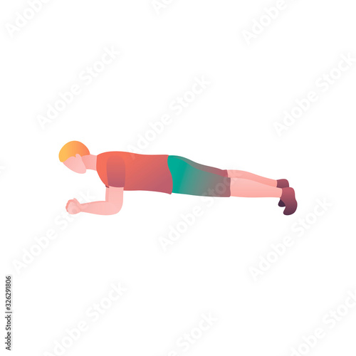 A man in a plank pose, a flat vector illustration. A young boy in the gym warms up his muscles before training. An athlete trains abdominal muscles isolated on a white background.