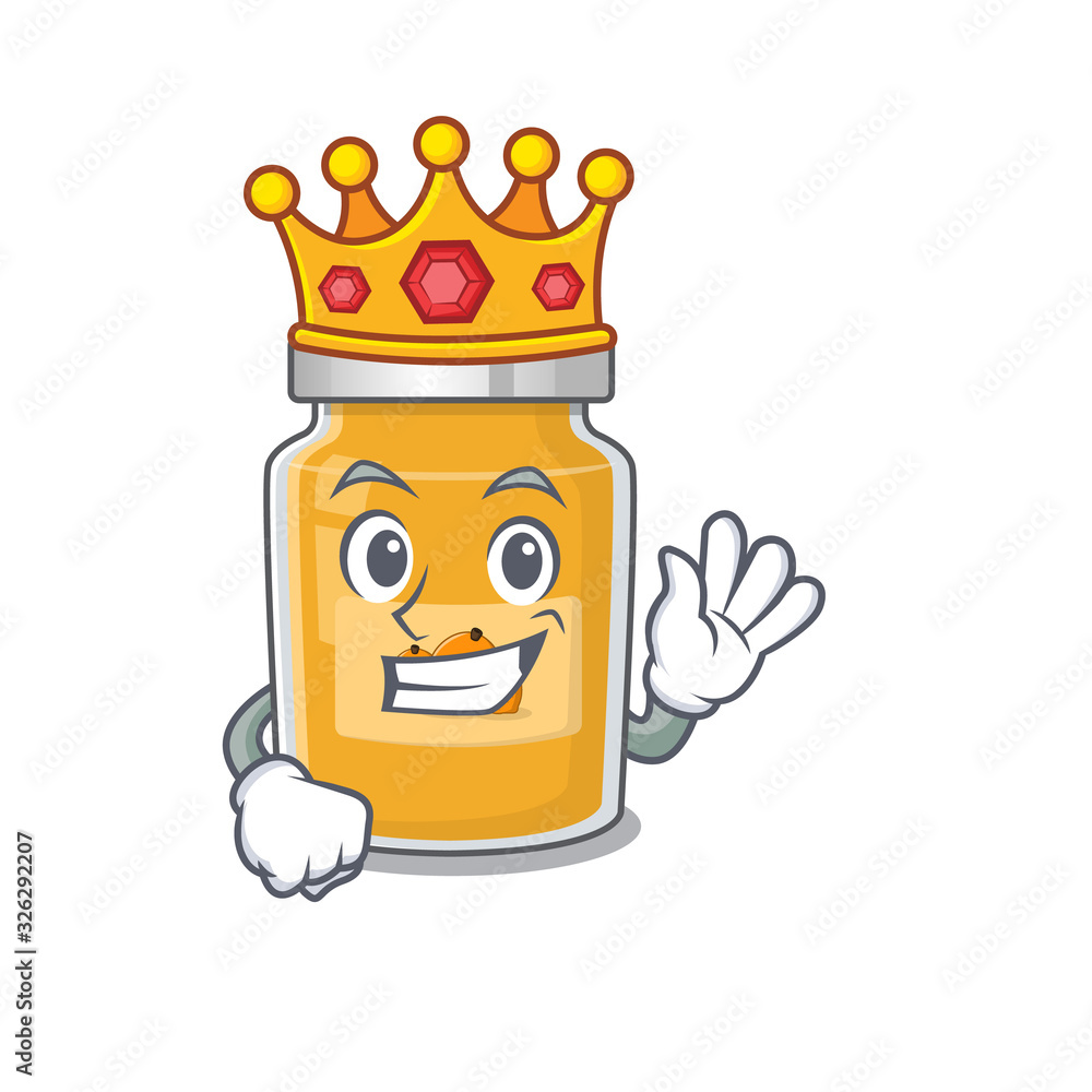 A cartoon mascot design of appricot performed as a King on the stage A cartoon mascot design of appricot performed as a King on the stage