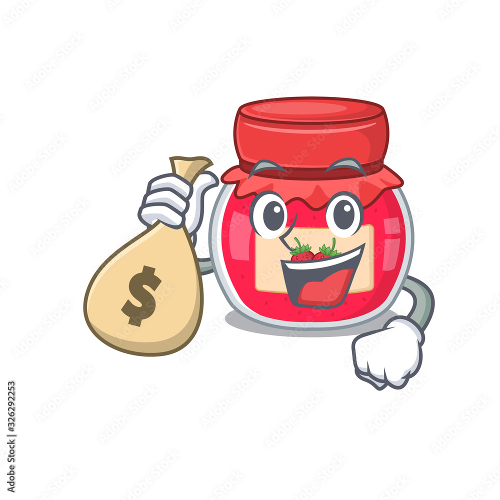Rich and famous strawberry jam cartoon character holding money bag Rich and famous strawberry jam cartoon character holding money bag