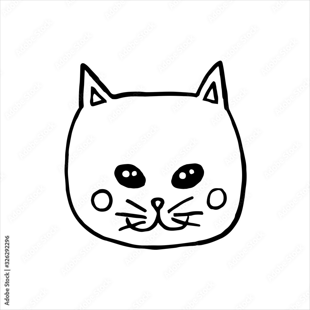 Hand-drawn head of a cute cat cartoon - vector illustration in doodle style. Black outline on a white background. Hand-drawn head of a cute cat cartoon - vector illustration in doodle style. Black outline on a white background.