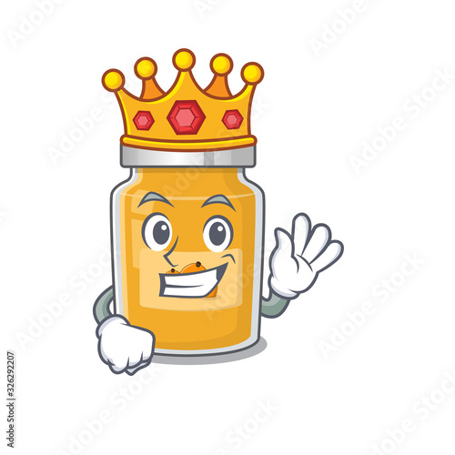 A cartoon mascot design of appricot performed as a King on the stage