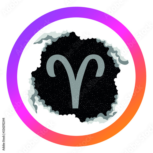 Round icon for social media stories. Perfect for bloggers. Aries zodiac sign. Symbol, badge, sticker, Magnet. Stragically horoscope. Starry sky in the clouds	