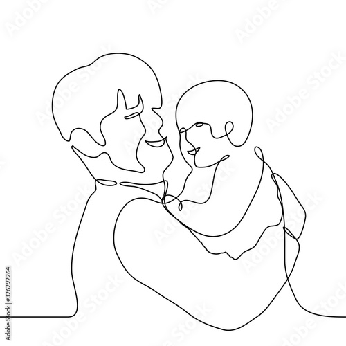 One continuous line drawing of a man with a child. The young father smiles and holds the baby in his arms, clutching him to himself. Vector sketch illustration for father's day, parenthood, babysitter