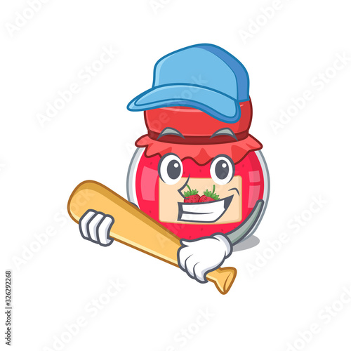 Smiley Funny strawberry jam a mascot design with baseball