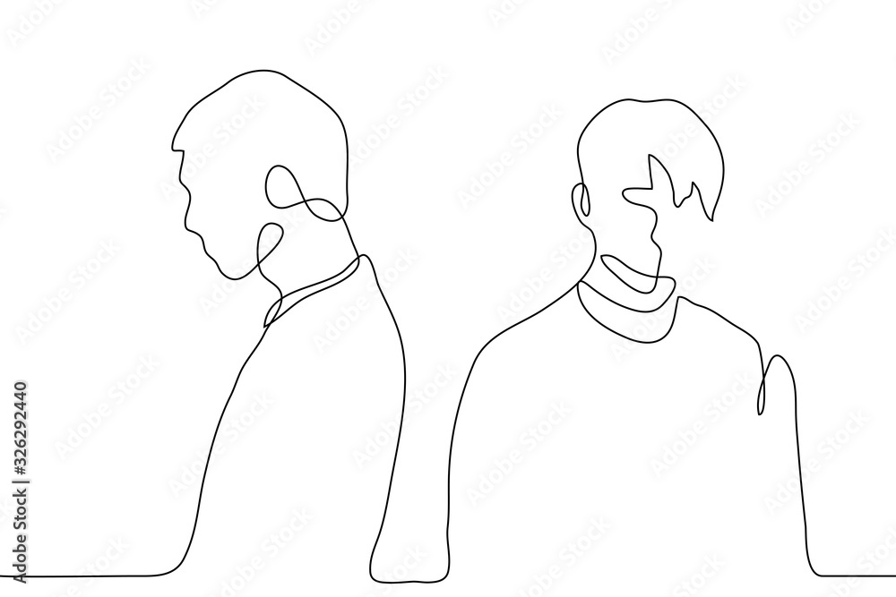 One continuous line art silhouette of two men who turned away from each other. Black outline drawing of people. The concept of quarrel, disagreement, misunderstanding, conflict. Vector illustration One continuous line art silhouette of two men who turned away from each other. Black outline drawing of people. The concept of quarrel, disagreement, misunderstanding, conflict. Vector illustration