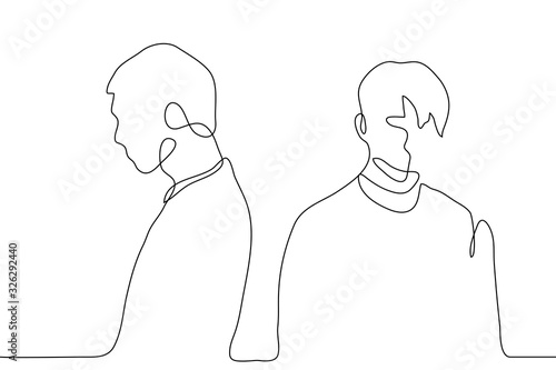 One continuous line art silhouette of two men who turned away from each other. Black outline drawing of people. The concept of quarrel, disagreement, misunderstanding, conflict. Vector illustration