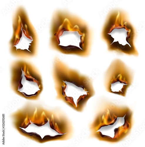 Burning fire flames and burnt paper holes with edges, vector realistic. Burned paper pages with abstract holes in fire flames, torn borders and ripped frames