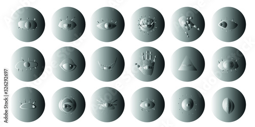 Occult mystical emblem in dark colors. Evil eye. A set of hand-drawn various mascots. Different form. Flat design. Esoteric alchemy of the sign, decorative style, vision of Providence.