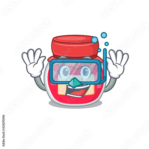cartoon character of strawberry jam wearing Diving glasses