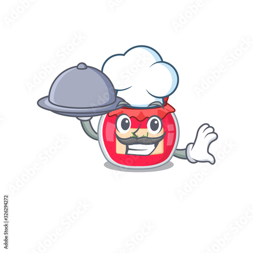A picture of strawberry jam as a Chef serving food on tray