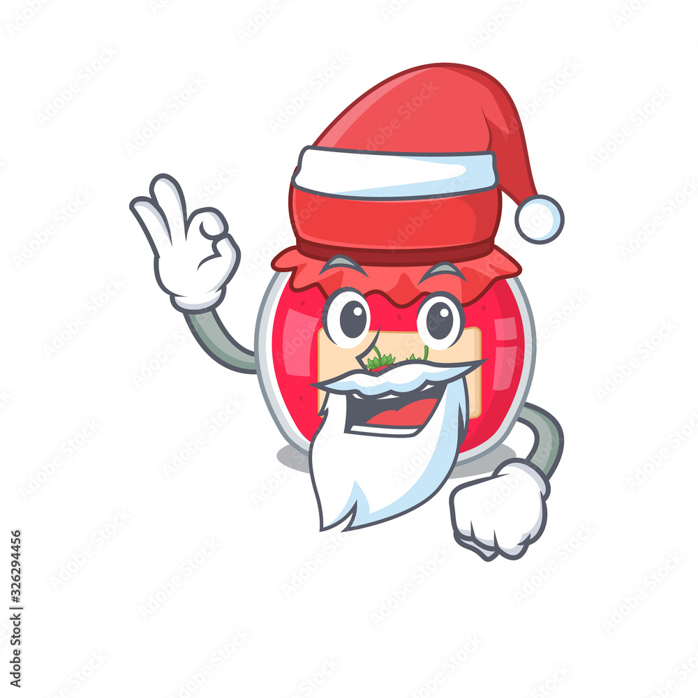 Strawberry jam in Santa cartoon character style with ok finger Strawberry jam in Santa cartoon character style with ok finger