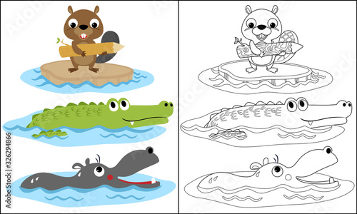 funny animals cartoon in water, beaver, crocodile, hippopotamus. Coloring page or book