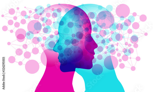 A male and female side silhouette positioned Face to face overlaid with various semi-transparent line connected circular (network node) shapes.