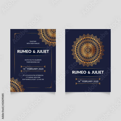 Luxury wedding invitation card template. Vector vintage hand-drawn highly detailed round mandala elements. Luxury lace festive ornament card. Islam, Arabic, Indian, Turkish, Ottoman, motifs.