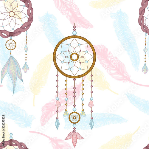 Vector hand drawn seamless pattern with dream catcher and feathers. Tribal background with hand drawn boho style elements feathers and dreamcatchers. Best for wrapping, textile or print design