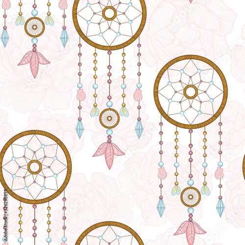 Vector hand drawn seamless pattern with dream catcher and feathers. Tribal background with hand drawn boho style elements feathers and dreamcatchers. Best for wrapping, textile or print design