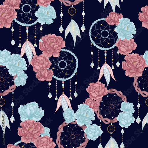 Vector hand drawn seamless pattern with dream catcher and peony flowers. Tribal background with hand drawn boho style elements peony and dreamcatchers. Best for wrapping, textile or print design