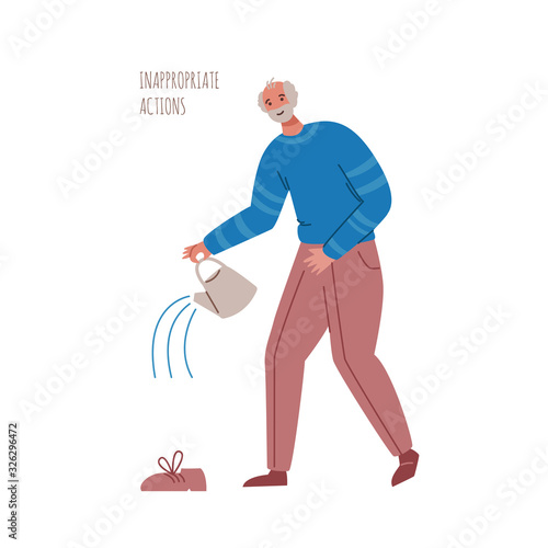 old people with dementia signs and symptoms, aged senior men watering boot - mental problems and inappropriate behavior, Alzheimers or Parkinsons disease, vector isolated person on white