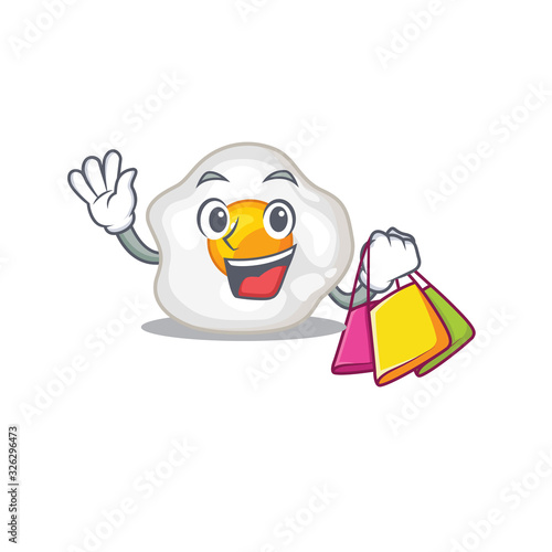A friendly rich fried egg waving and holding Shopping bag