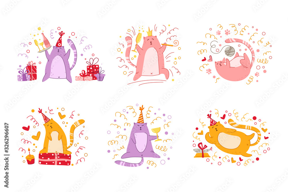 Cats birthday party set funny kittens in festive hat, gift boxes and ...
