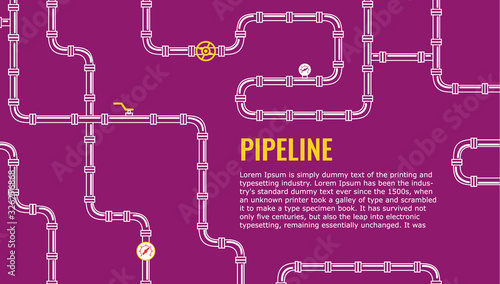 Horizontal Purple Industrial background with white pipes for water, gas, oil, sewage. Infographics for flyers or brochure. Vector illustration in line art style. thin line.