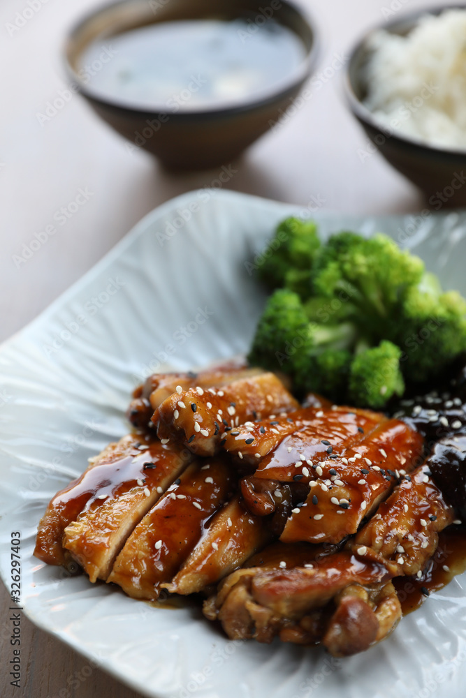 japanese food , Chicken teriyoki with rice on wood background japanese food , Chicken teriyoki with rice on wood background
