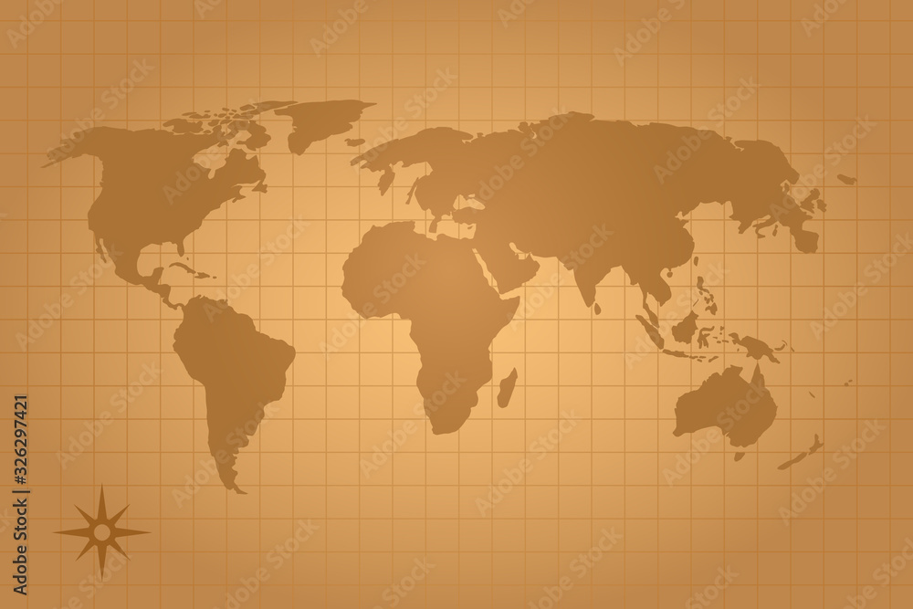 Illustration of a large detail of the world map in vintage style on a background of old parchment.