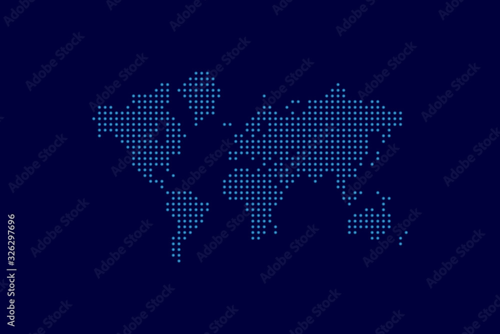 Abstract computer graphics world Map of blue round dots on a dark blue background. 