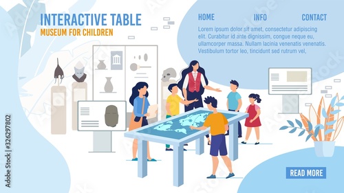 Educational Excursion for Children in Natural History Museum Web Banner, Landing Page Template. School Teacher with Pupils Visiting Museum, Using Interactive Screen Trendy Flat Vector Illustration